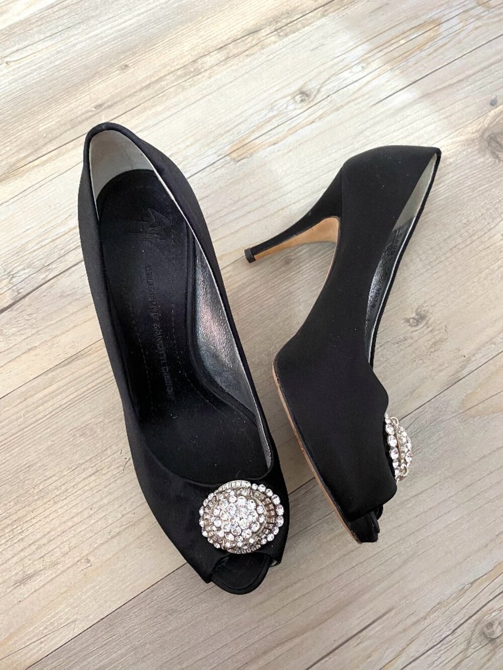 Giuseppe Zanotti Swarovski Crystal Satin Peep Toe Stiletto Pump Heels - Size 38.